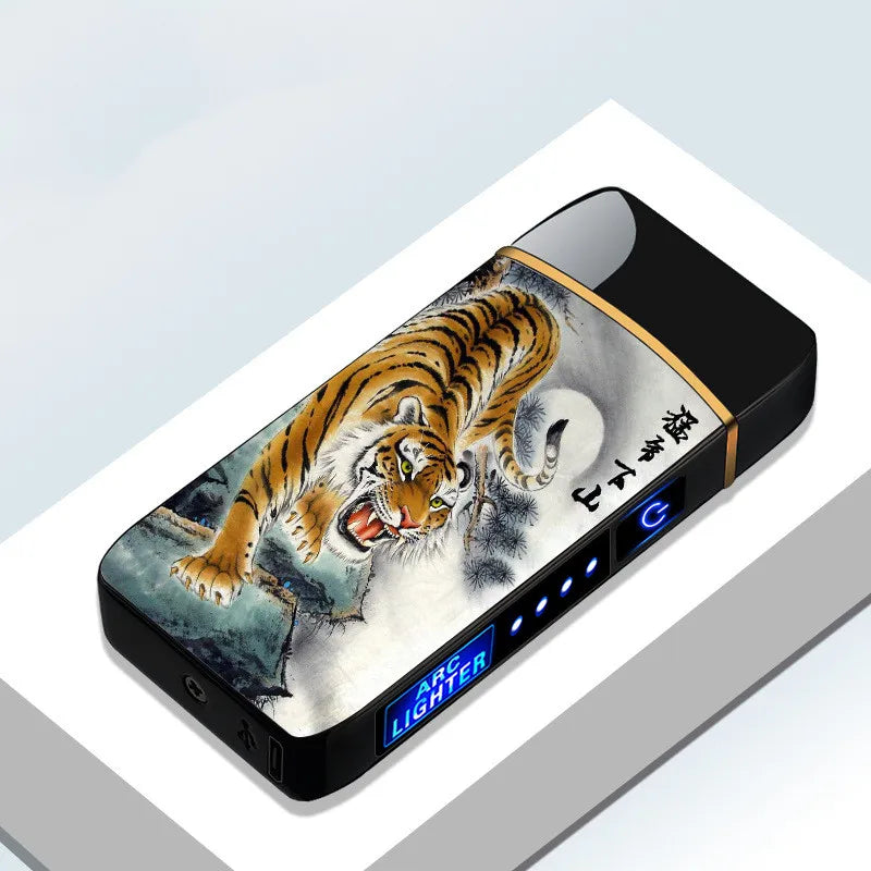 Elektrisches, winddichtes Metallfeuerzeug, Doppelbogen, flammenloses Plasma, wiederaufladbares USB-Feuerzeug, LED-Leistungsanzeige, Touch-Sensor-Feuerzeug