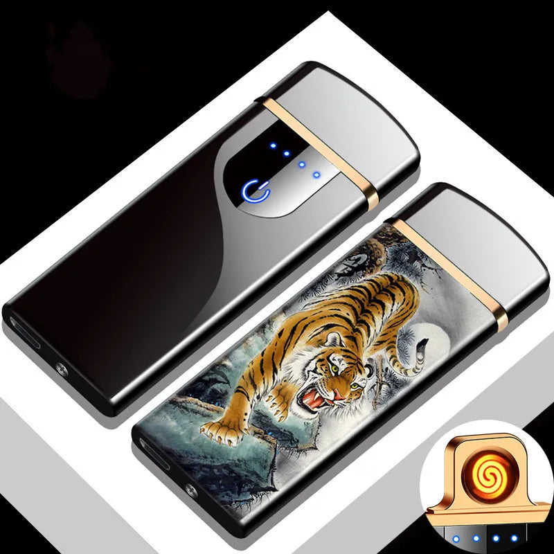 Elektrisches, winddichtes Metallfeuerzeug, Doppelbogen, flammenloses Plasma, wiederaufladbares USB-Feuerzeug, LED-Leistungsanzeige, Touch-Sensor-Feuerzeug