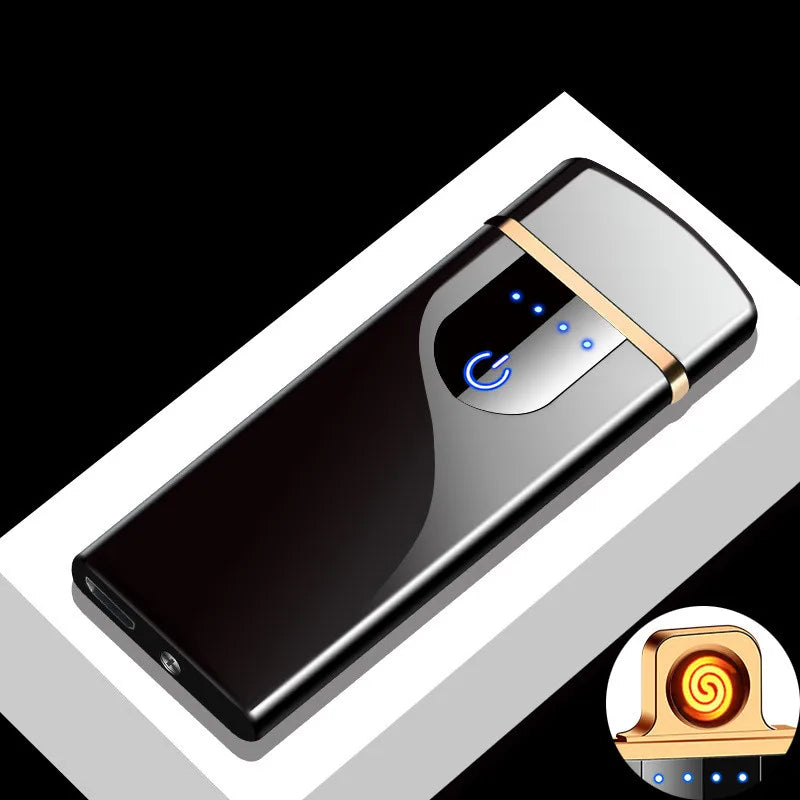 Elektrisches, winddichtes Metallfeuerzeug, Doppelbogen, flammenloses Plasma, wiederaufladbares USB-Feuerzeug, LED-Leistungsanzeige, Touch-Sensor-Feuerzeug