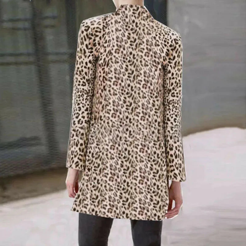 Neue Leopard Blazer Frauen Langarm Blazer Strickjacke Tops Leopard Print Mantel Formale Anzug Dame Mode Outwear Langen Mantel