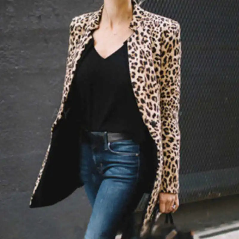 Neue Leopard Blazer Frauen Langarm Blazer Strickjacke Tops Leopard Print Mantel Formale Anzug Dame Mode Outwear Langen Mantel