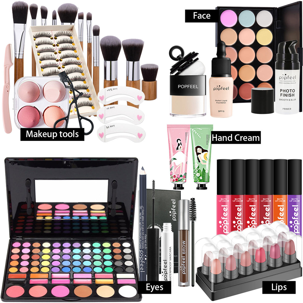 POPFEEL All-in-One-Make-up-Set, Geschenkset mit Lidschatten-Palette, Foundation, Lipgloss, Rouge, Pinsel, Eyeliner und mehr Schönheitsgeschenke