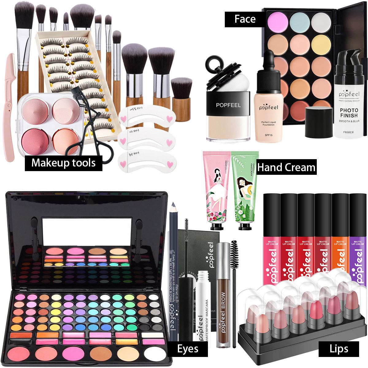 POPFEEL All-in-One-Make-up-Set, Geschenkset mit Lidschatten-Palette, Foundation, Lipgloss, Rouge, Pinsel, Eyeliner und mehr Schönheitsgeschenke