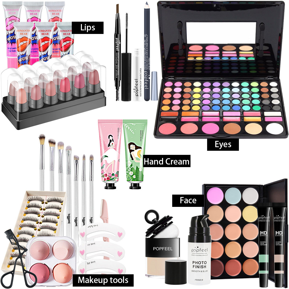POPFEEL All-in-One-Make-up-Set, Geschenkset mit Lidschatten-Palette, Foundation, Lipgloss, Rouge, Pinsel, Eyeliner und mehr Schönheitsgeschenke