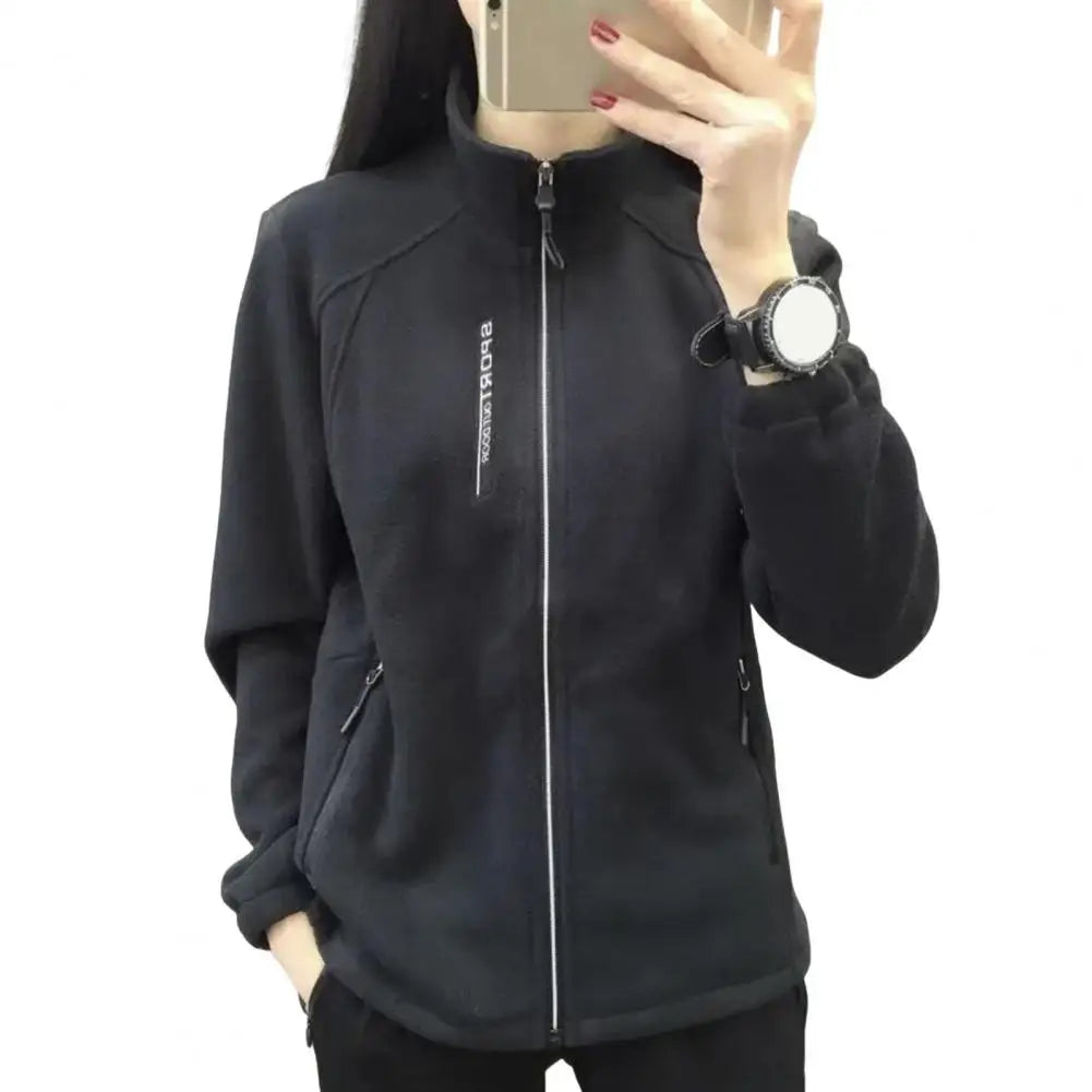 Damen-Fleecejacke, Damenmantel, warm, stilvoll, Damen-Polarfleece-Mantel mit Stehkragen, Reißverschlusstaschen für Übungen