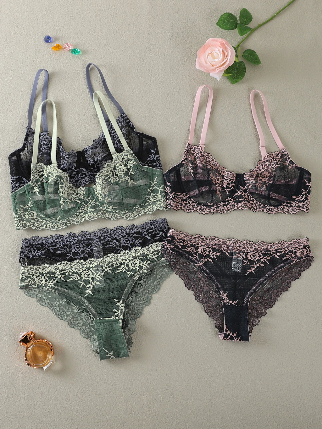 2-teiliges Set – Spitzen-BH + Höschen-Set – durchsichtiges Spitzen-Dessous-Set – mehrere Farben erhältlich – Spitzen-Damen-Dessous-Set – sexy Dessous-Set – mit Bügel