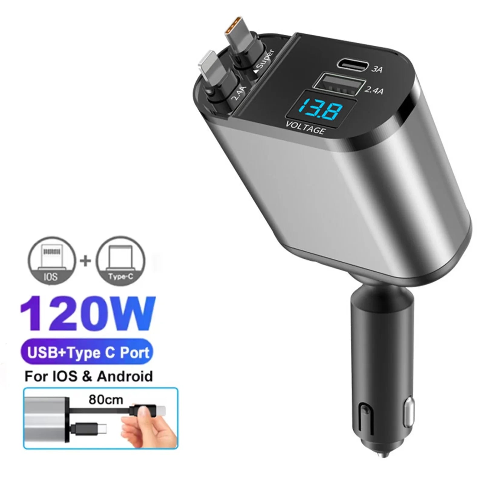 120 W 4/5 IN 1 Versenkbare Auto Ladegerät USB C Kabel Für IPhone Huawei Samsung Schnelle Ladekabel Zigarette leichter Adapter PD QC3.0