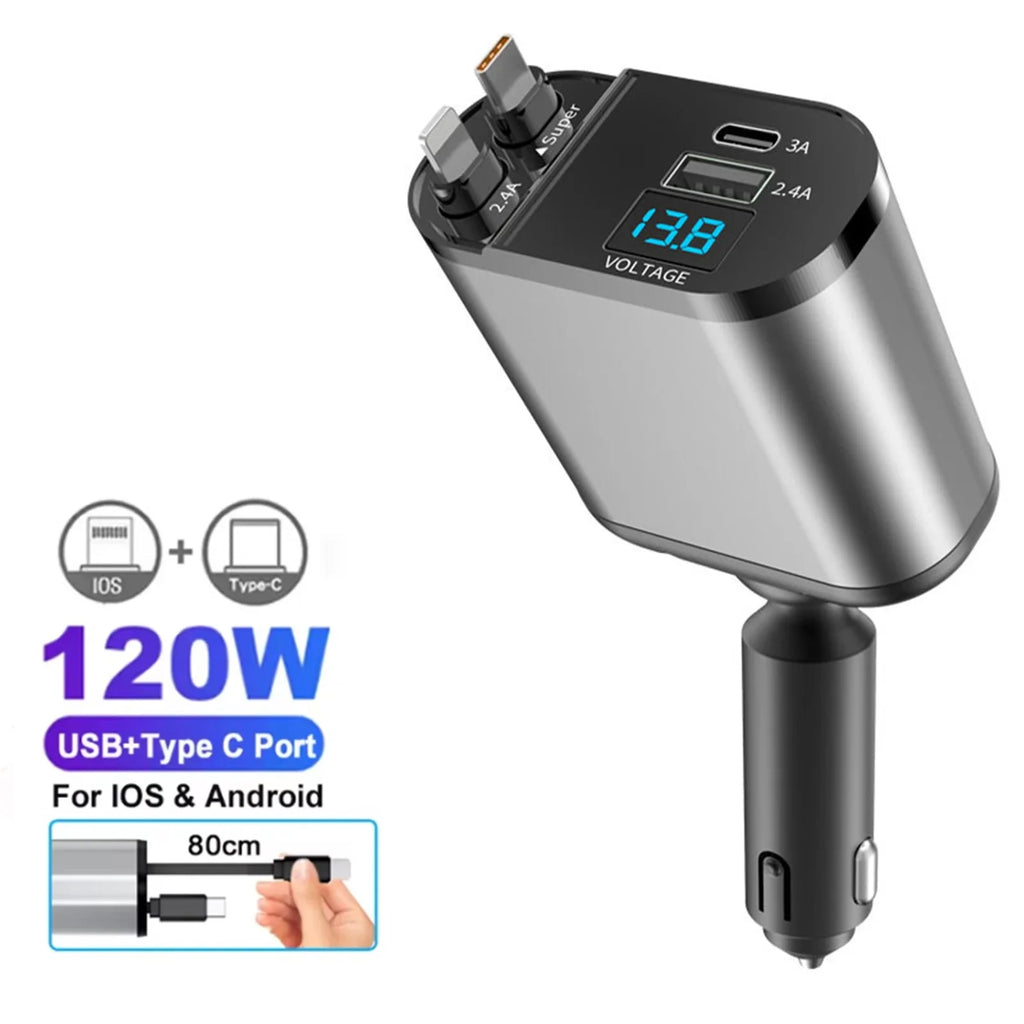 120 W 4/5 IN 1 Versenkbare Auto Ladegerät USB C Kabel Für IPhone Huawei Samsung Schnelle Ladekabel Zigarette leichter Adapter PD QC3.0