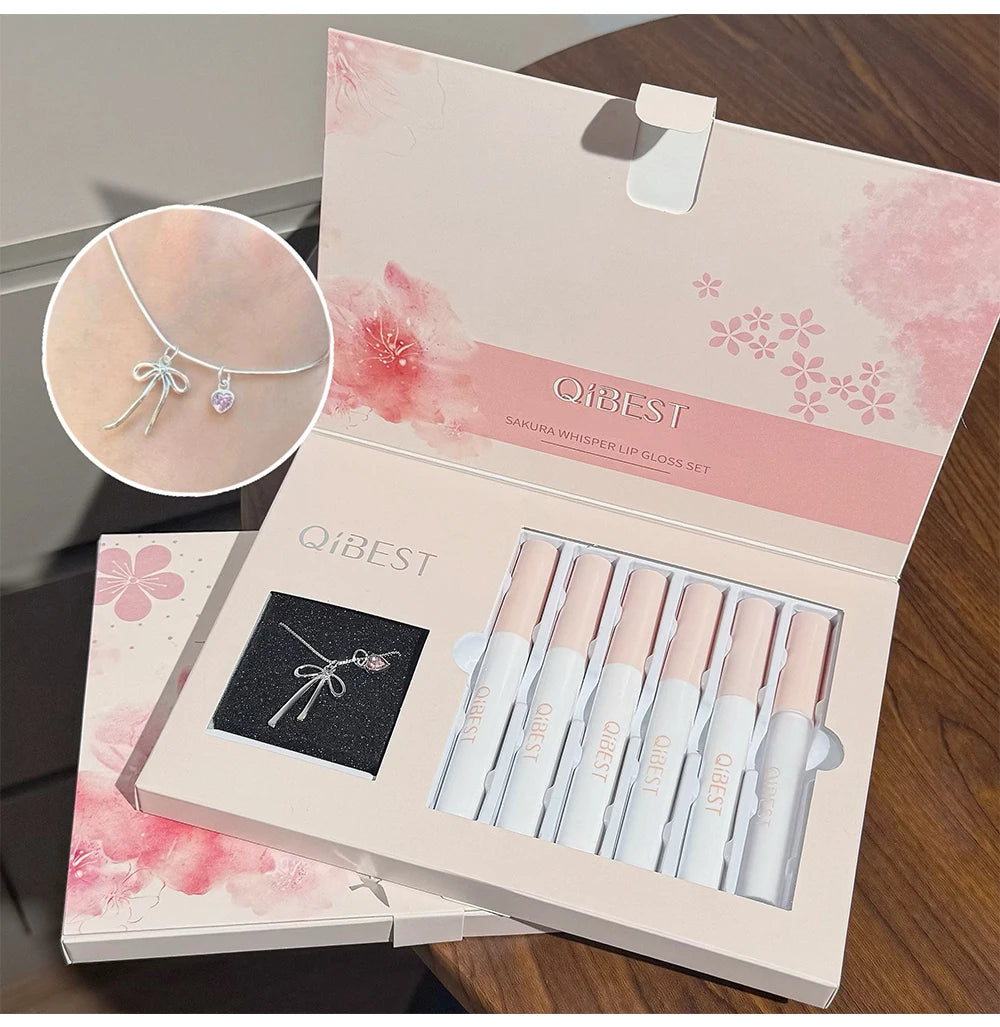 QIBEST 6 Teile/schachtel Matte Lippenstift Sets Und Spiegel Wässrige Lip Glasur Anhaltende Lip Make-Up Sets Feuchtigkeitsspendende Lipgloss Halskette Geschenk