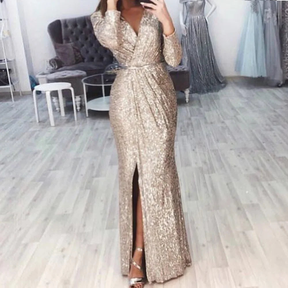 Frauen Pailletten Hohe Schlitz Party Kleid Geraffte Abend Glitter Kleider Tiefem V-ausschnitt Langarm Vestidos Sommer Neue 2023 Sexy
