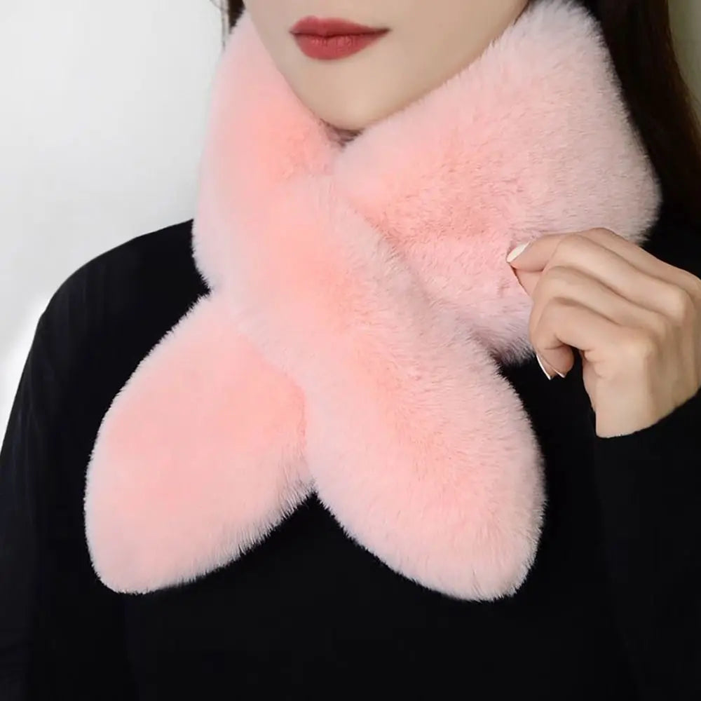 Frauen Winter Warm Verdicken Kreuz Kragen Schal Einfarbig Faux Kaninchen Fell Plüsch Elegante Schal Schals Halstuch Wrap Hals Wärmer