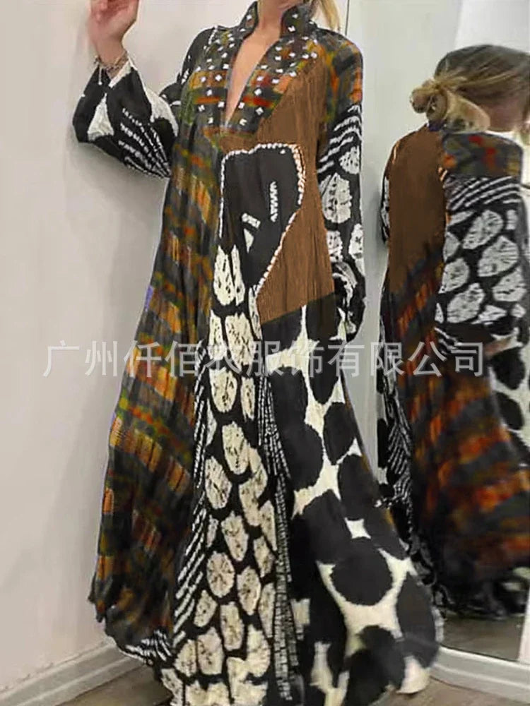 Lose Taille Kleid Frauen Volle Hülse Casual EINE Linie Lange V-ausschnitt Vestidos Drucken Taschen Splice Herbst Winter 2025, Maxi Kleider