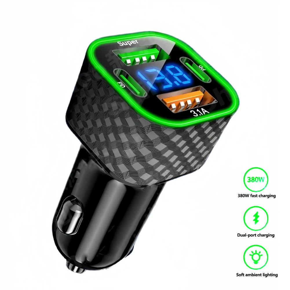 4-in-1-Autotelefon-Ladegerät USB C Dual PD mit Spannungsanzeige 380 W Superschnellladeadapter für iPhone Xiaomi Oppo Vivo Samsung