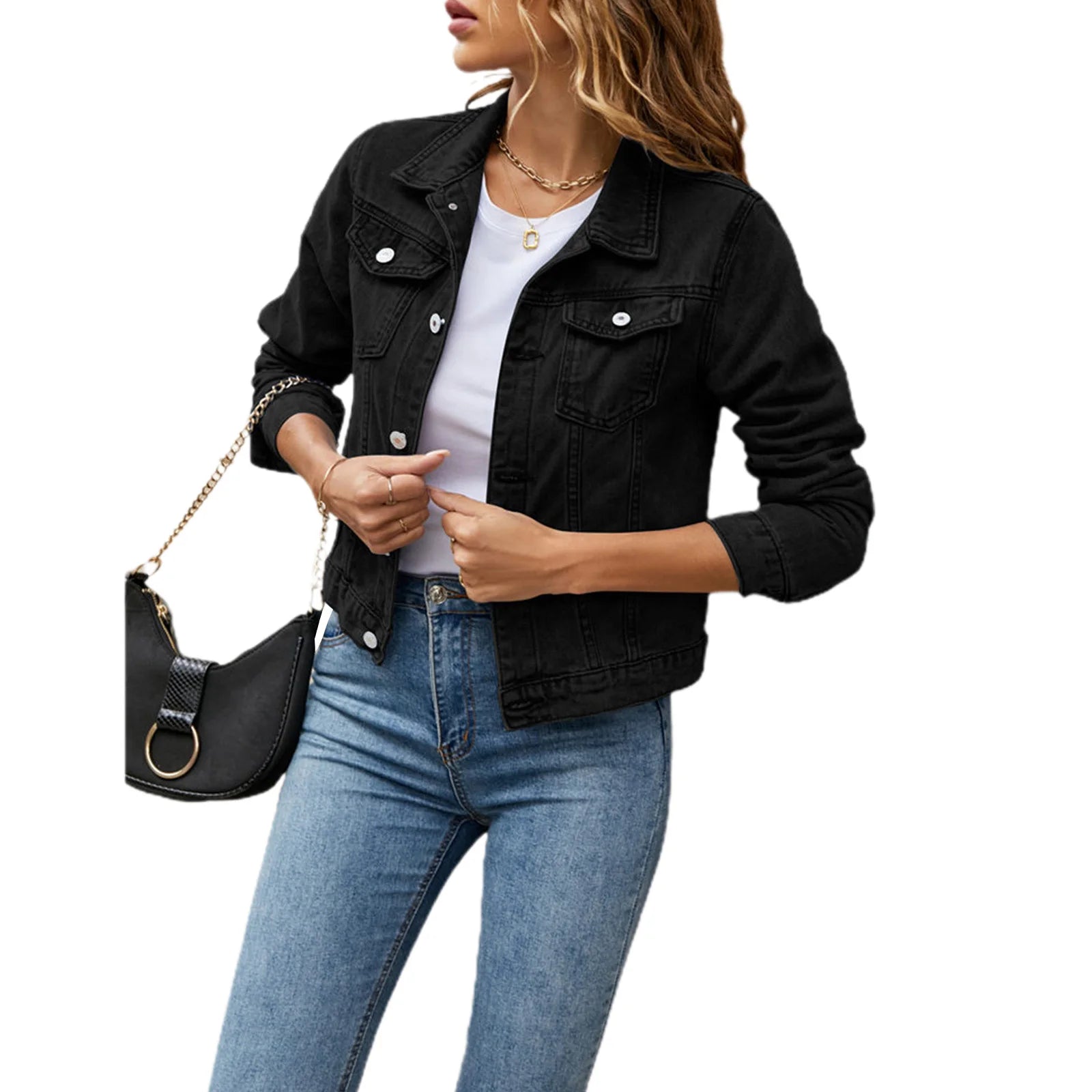 Frauen Denim Jacken Mode Weibliche Casual Langarm Revers Solide Taste Unten Brust Tasche Schlank Jean Jacke Herbst Winter Mantel