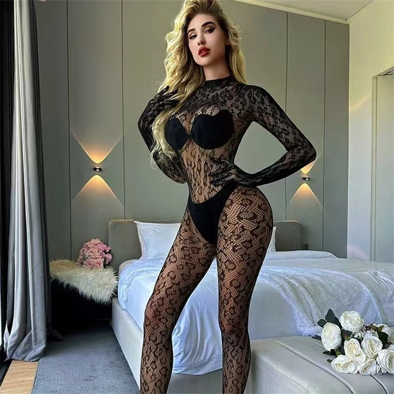 Frauen Sexy Leopard Aushöhlen Mesh Bodystocking Fishnet Dessous Langarm Durchsichtig Bodysuit Overall Nachtwäsche SIMPLEJEWEL