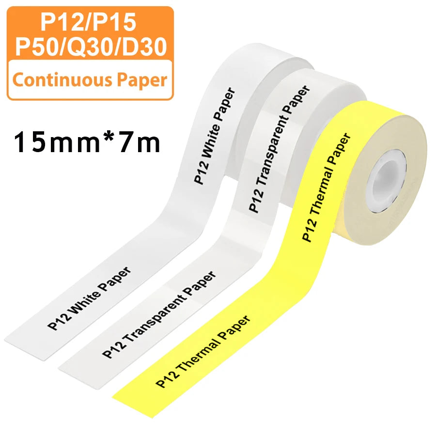 3 Stück 15 mm x 7 m kontinuierliches Etikettenpapier, passend für P12 P15 Phomemo D30 Q30 Drucker, wasserdichter, selbstklebender Thermodrucker