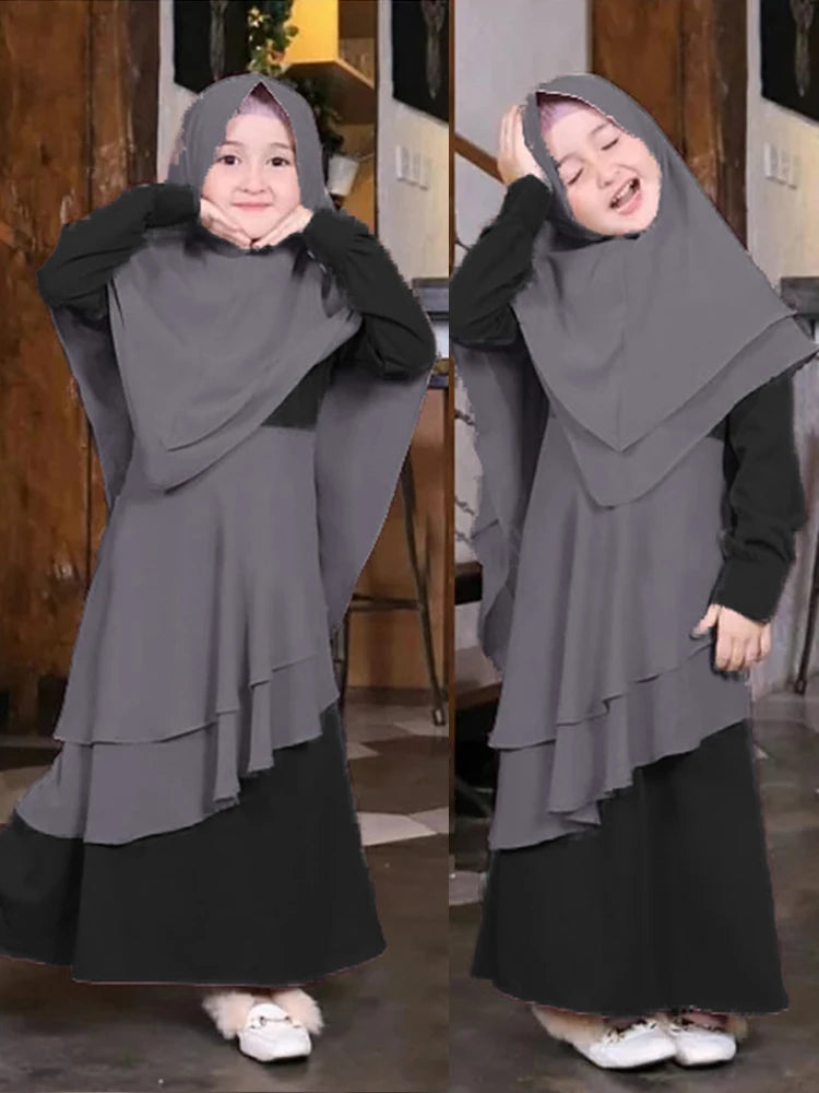 2Pcs Muslimischen Ramadan Gebet Kleid Abaya Sets Kinder Mädchen Eid Khimar Hijab Arabischen Kinder Lange Robe Kopftuch Kaftan Kleid jilbab