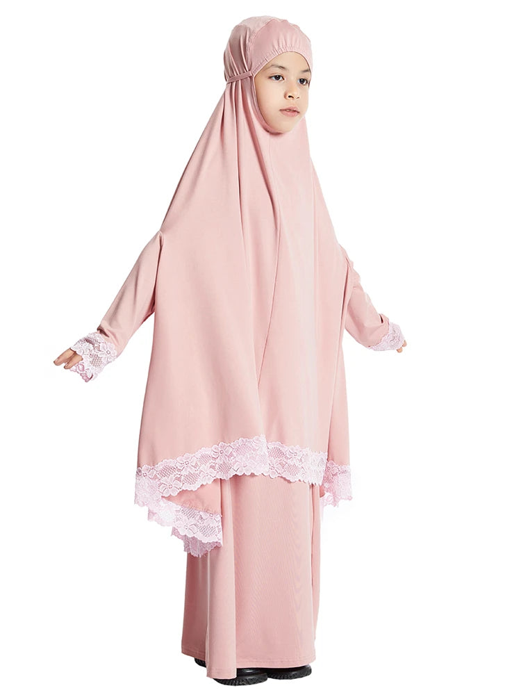 Muslimische Kinder Mädchen Hijab Kleid Ramadan Khimar Rock Set Overhead Eid Gebet Kleidungsstück Burka Abaya Robe Kaftan Kapuzenkleid