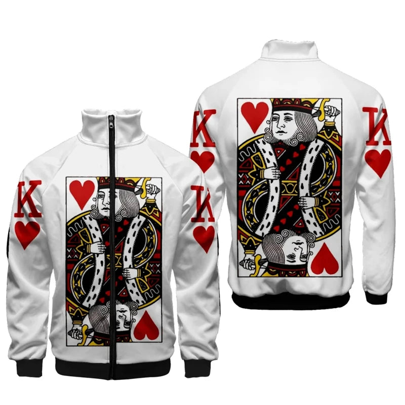 Spielkarten Poker k ein Druck 3d Stand Kragen Hoodies Männer Frauen Reiß verschluss Hoodie lässig Langarm Jacke King Queen Mantel Kleidung