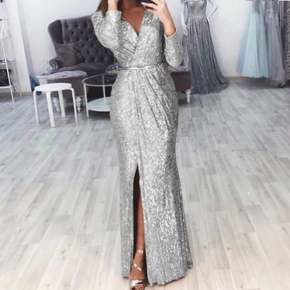 Frauen Pailletten Hohe Schlitz Party Kleid Geraffte Abend Glitter Kleider Tiefem V-ausschnitt Langarm Vestidos Sommer Neue 2023 Sexy