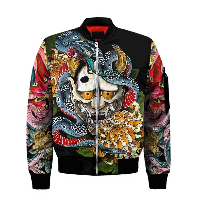 Frühling Herbst Herren Bomberjacke Samurai Oni Maske Tattoo 3D All Over Gedruckt Reißverschluss Trainingsanzüge Unisex Casual Reißverschluss Jacke Kleidung