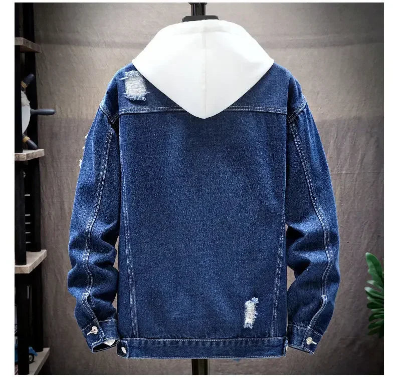 Herren-Jeansjacke, 2025, zerrissenes Loch, einreihige Mäntel, gespleißte Oberbekleidung, Jacken, Taschen, lässig, locker, gewaschen, Distressed