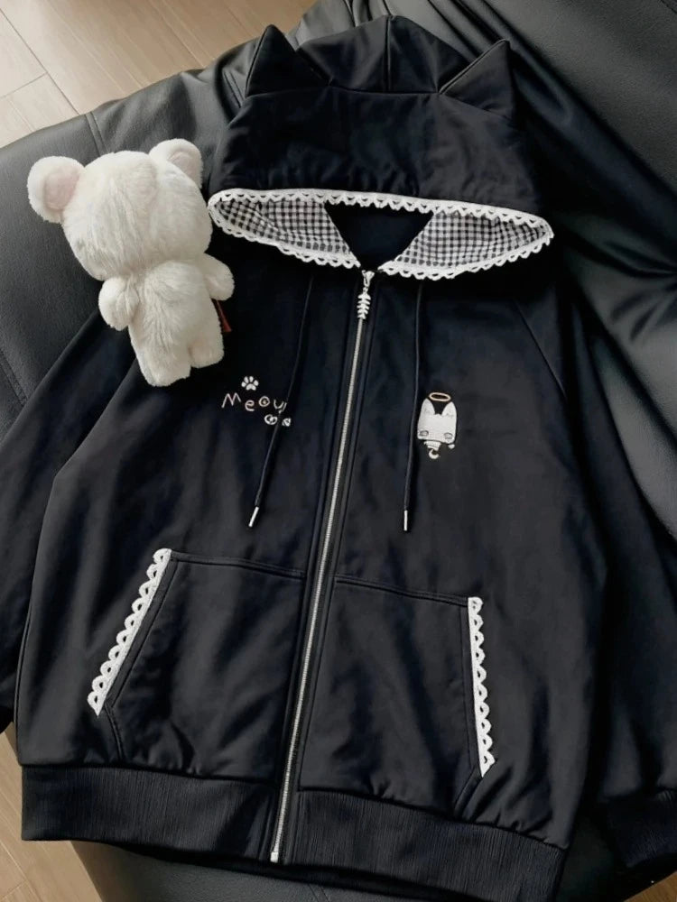 Japanische süße Mäntel Y2K Kleidung Hoodie Damen Tops Herbst und Winter Farbabstimmung Spleißen mit dicken Retro-Cardigan-Jacken