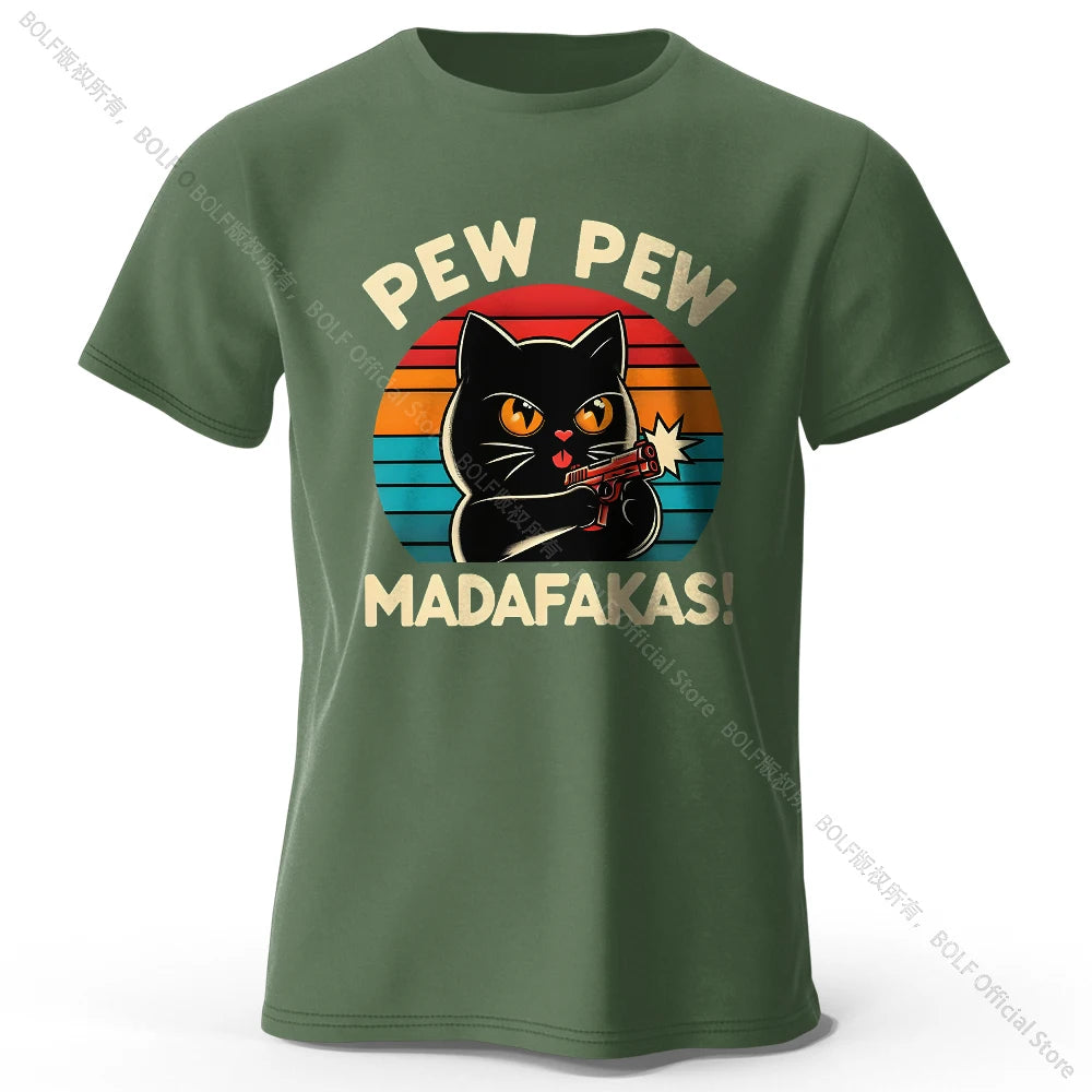 Niedliches handgezeichnetes Katzen-Doodle-Print-T-Shirt aus 100 % Baumwolle, ultraweiches Rundhals-Kurzarm-T-Shirt für Männer und Frauen