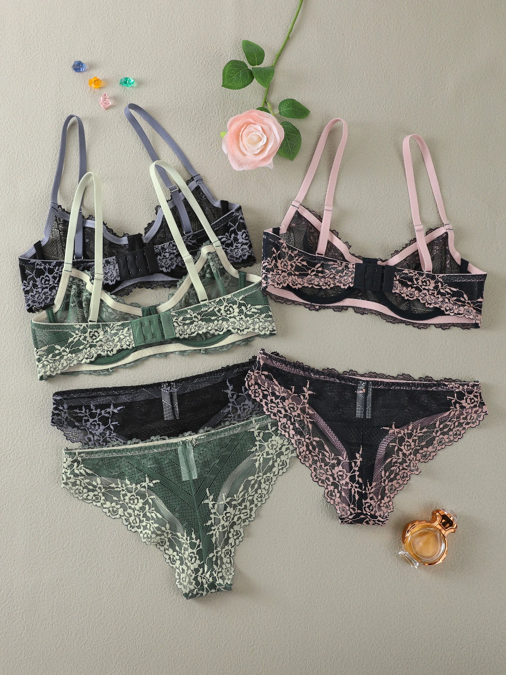 2-teiliges Set – Spitzen-BH + Höschen-Set – durchsichtiges Spitzen-Dessous-Set – mehrere Farben erhältlich – Spitzen-Damen-Dessous-Set – sexy Dessous-Set – mit Bügel