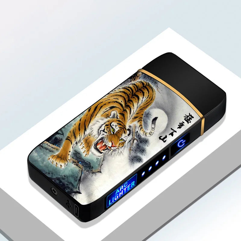 Elektrisches, winddichtes Metallfeuerzeug, Doppelbogen, flammenloses Plasma, wiederaufladbares USB-Feuerzeug, LED-Leistungsanzeige, Touch-Sensor-Feuerzeuge