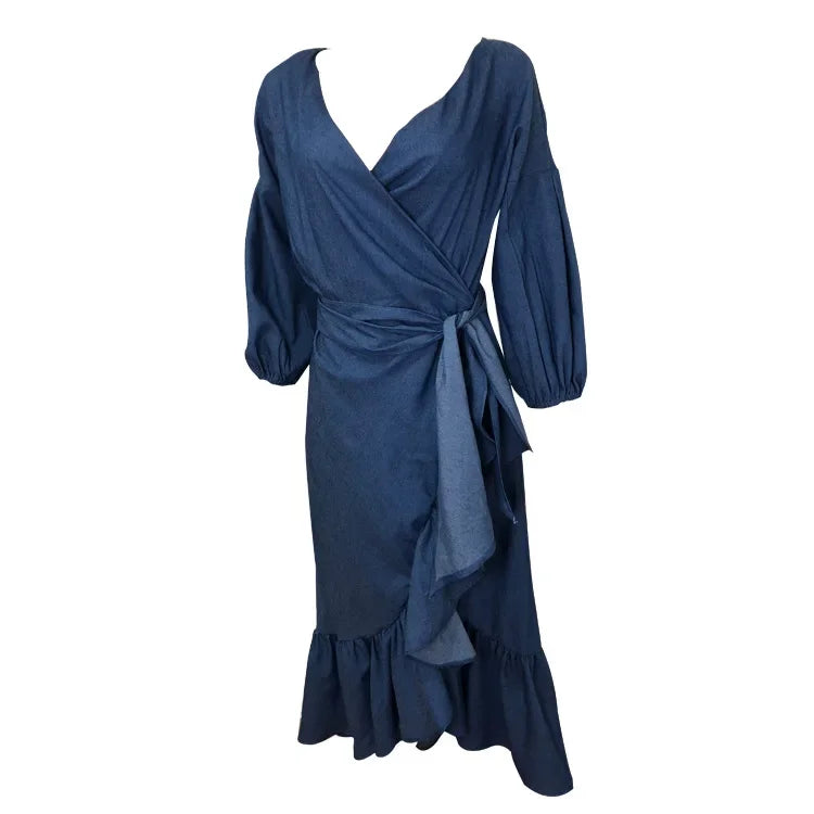 Elegantes V-Ausschnitt-Damenkleid 2024, Rüschen, Schnürung, Vintage, blaue Kleider, Retro-Laternenärmel, Party, Nacht, Vestidos, Frühling und Sommer