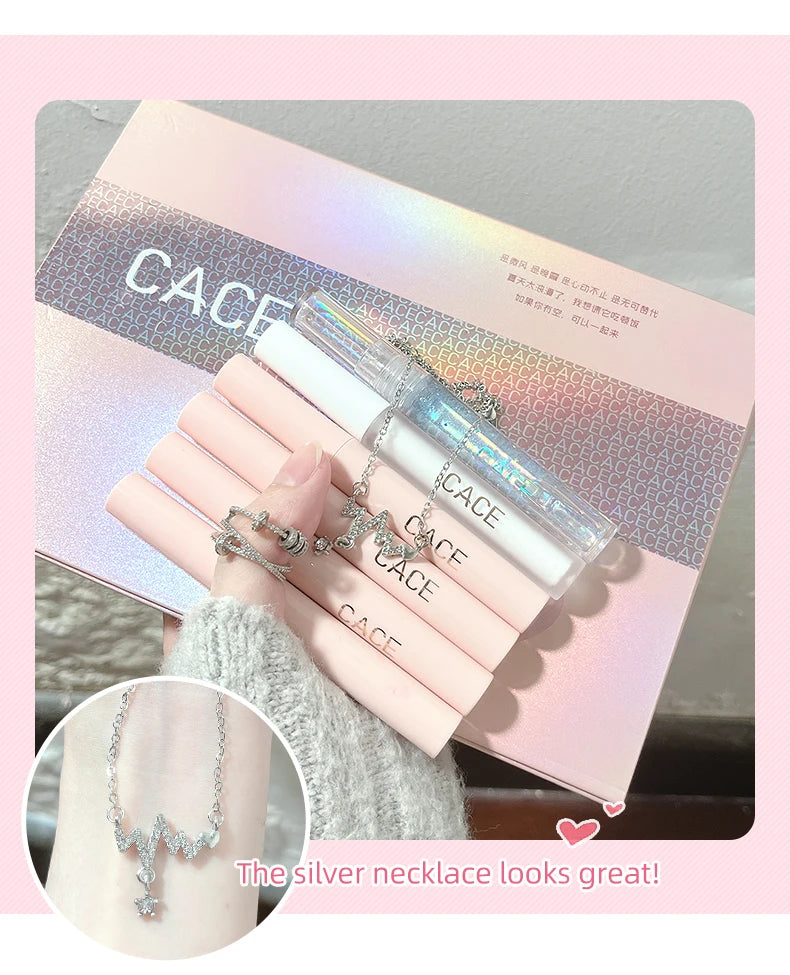 CACE Mattflüssiger Lippenstift-Make-up-Sets, 4 Farben Lipgloss und 1 transparenter Lipgloss und 1 Stück Lippenbalsam, praller und Halsketten-Geschenk