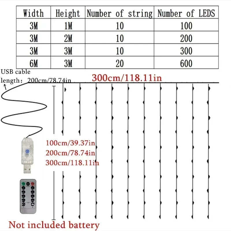 Weihnachtsdekoration für Zuhause, USB, 8 Modi, Feengirlande, LED-Vorhang-Lichterkette mit Fernbedienung für Schlafzimmer, Hochzeit
