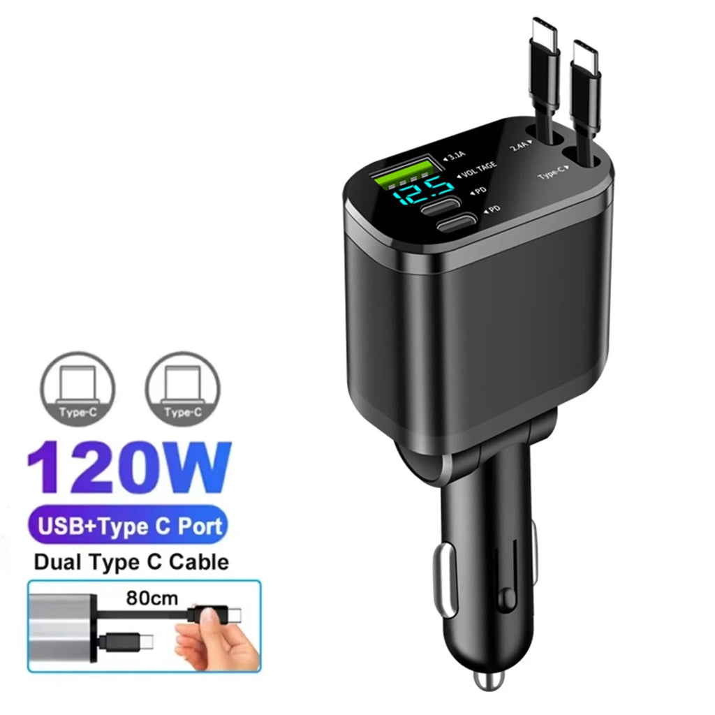 120 W 4/5 IN 1 Versenkbare Auto Ladegerät USB C Kabel Für IPhone Huawei Samsung Schnelle Ladekabel Zigarette leichter Adapter PD QC3.0