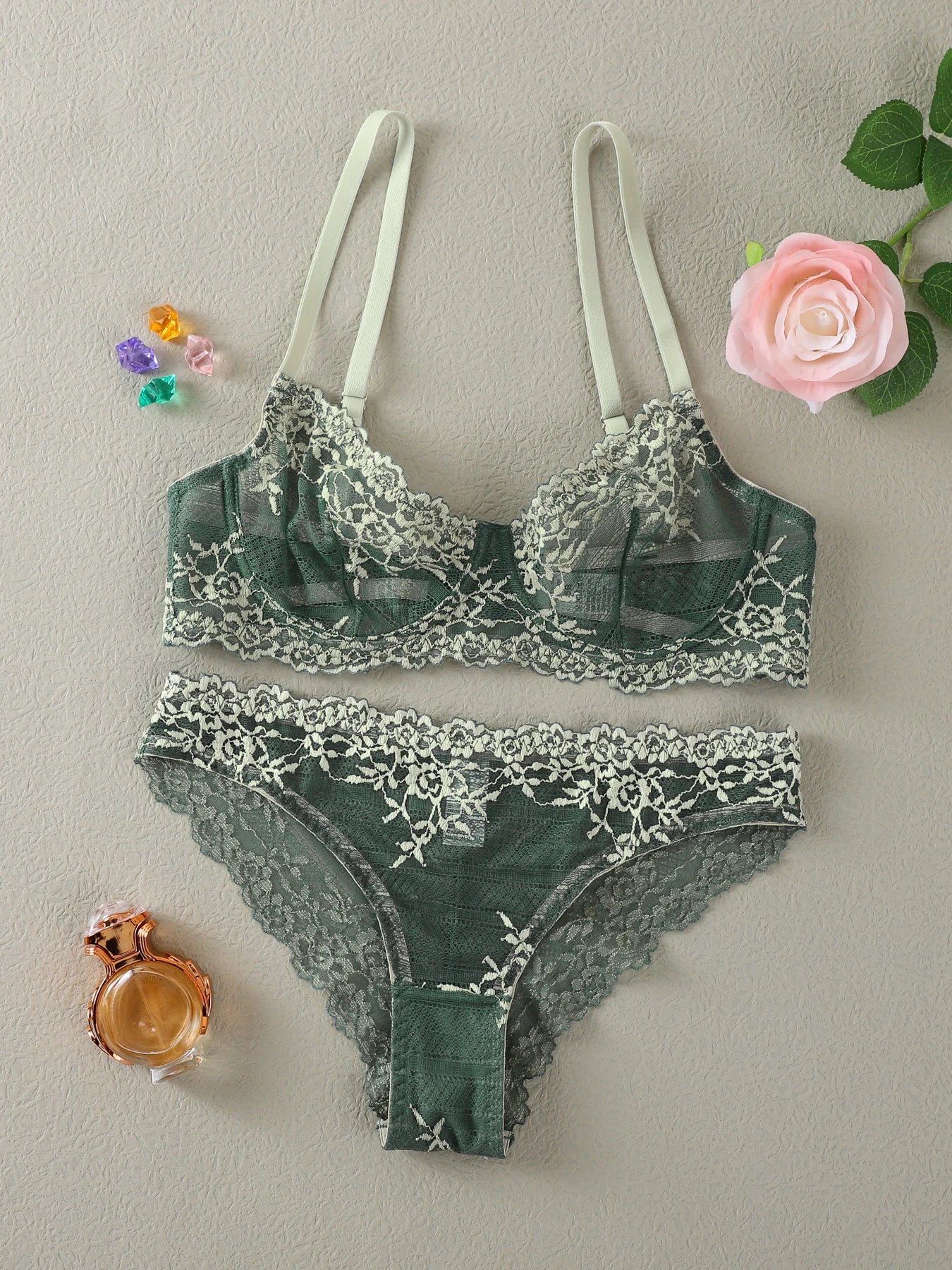 2-teiliges Set – Spitzen-BH + Höschen-Set – durchsichtiges Spitzen-Dessous-Set – mehrere Farben erhältlich – Spitzen-Damen-Dessous-Set – sexy Dessous-Set – mit Bügel