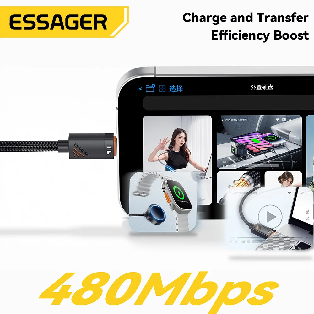 Essager Auto-Feder-Typ-C-Kabel für iPhone 16 15 Xiaomi Samsung 100 W PD Schnellladung für MacBook iPad Typ C auf Typ-C-Kabel