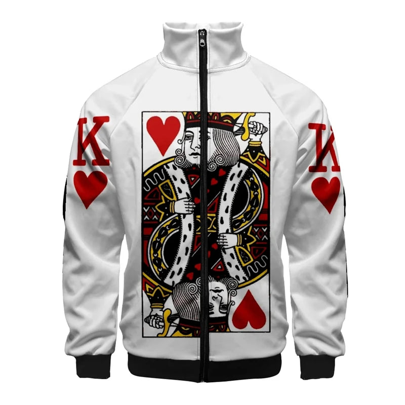 Spielkarten Poker k ein Druck 3d Stand Kragen Hoodies Männer Frauen Reiß verschluss Hoodie lässig Langarm Jacke King Queen Mantel Kleidung