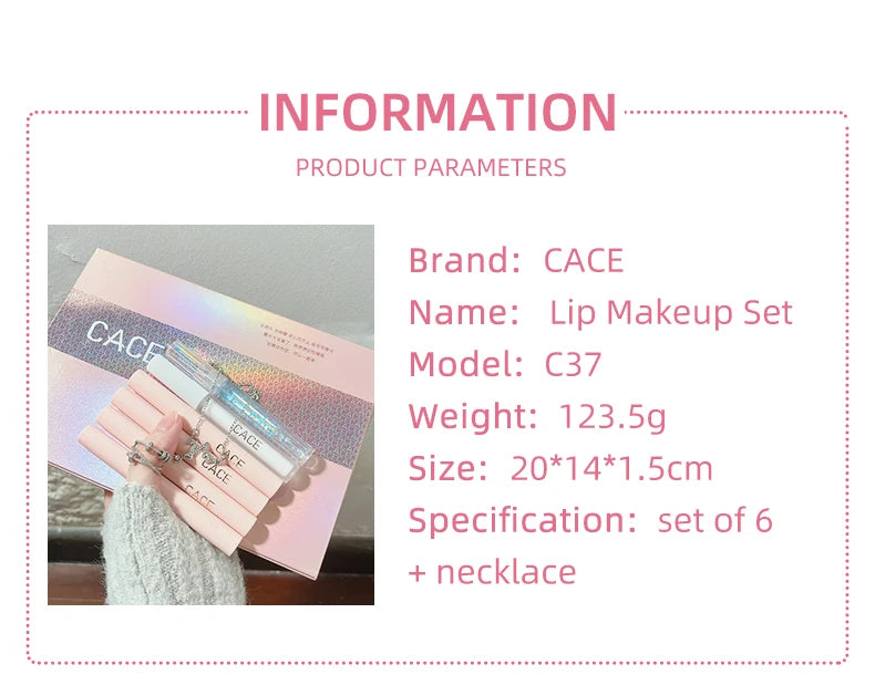 CACE Mattflüssiger Lippenstift-Make-up-Sets, 4 Farben Lipgloss und 1 transparenter Lipgloss und 1 Stück Lippenbalsam, praller und Halsketten-Geschenk
