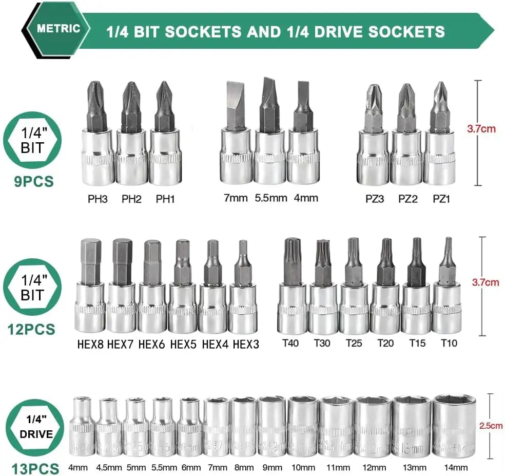 46-teiliges Ratschenschlüssel-Set mit 1/4-Zoll-Antriebsbuchse, mit metrischem Bit-Steckschlüssel-Set und Verlängerungsstange für die Autoreparatur, Fahrrad