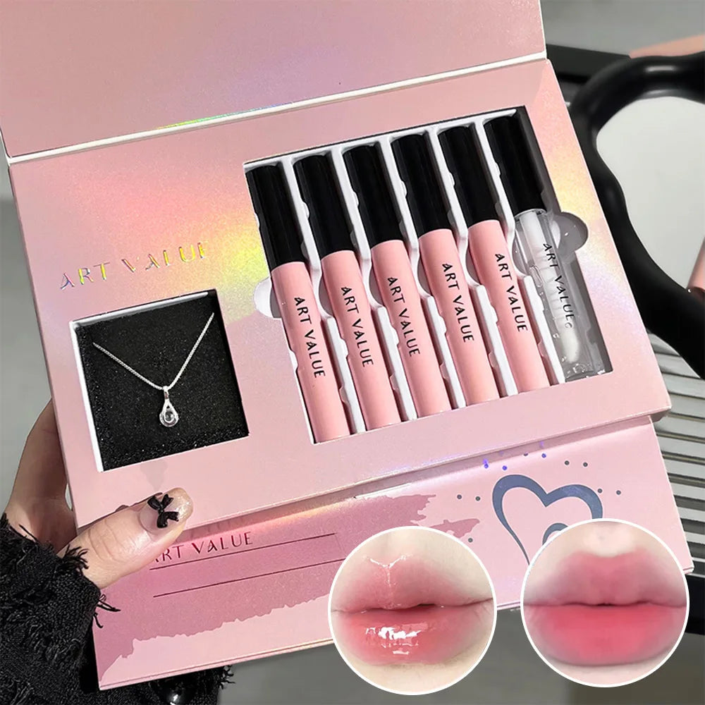 Rosa Liebesbrief Lippenschlamm Spiegelglasur Halskette Set Lippen Make-up Set mit mattem weichem Nebel und weißem Frauen Make-up Kosmetik Geschenke