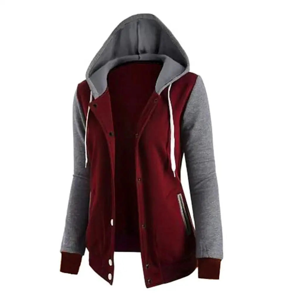 Kordelzug Damen Jacke Herbst Winter Farbblock Sport Hoodie Jacke Knopf Kapuze Langarm Hoodies Jogging Damen Sweatshirts