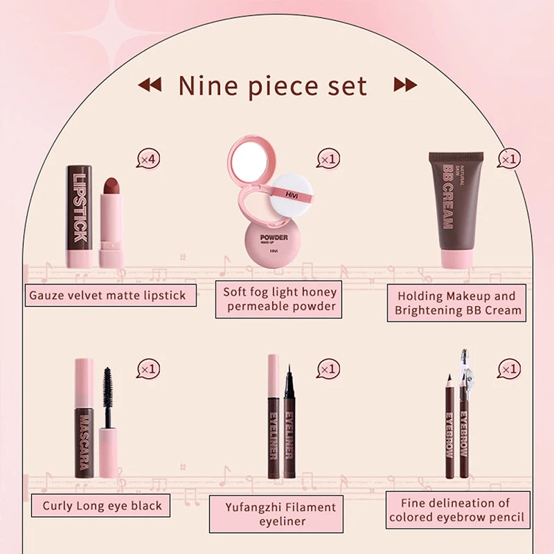 Weihnachts-Make-up-Set für Damen, 9 Lippenstifte, Puderpresse, BB-Creme, Augenbrauenstift, Mascara und Eyeliner-Set, für Frauen und Mädchen