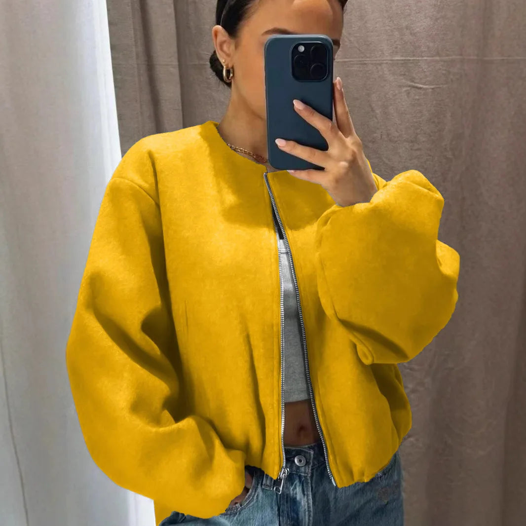 Mäntel Solide Zipper Strickjacke Frauen O Neck Jacke Langarm Gespleißt Taschen Lose Fit Herbst 2022, Casual Leichte Strech