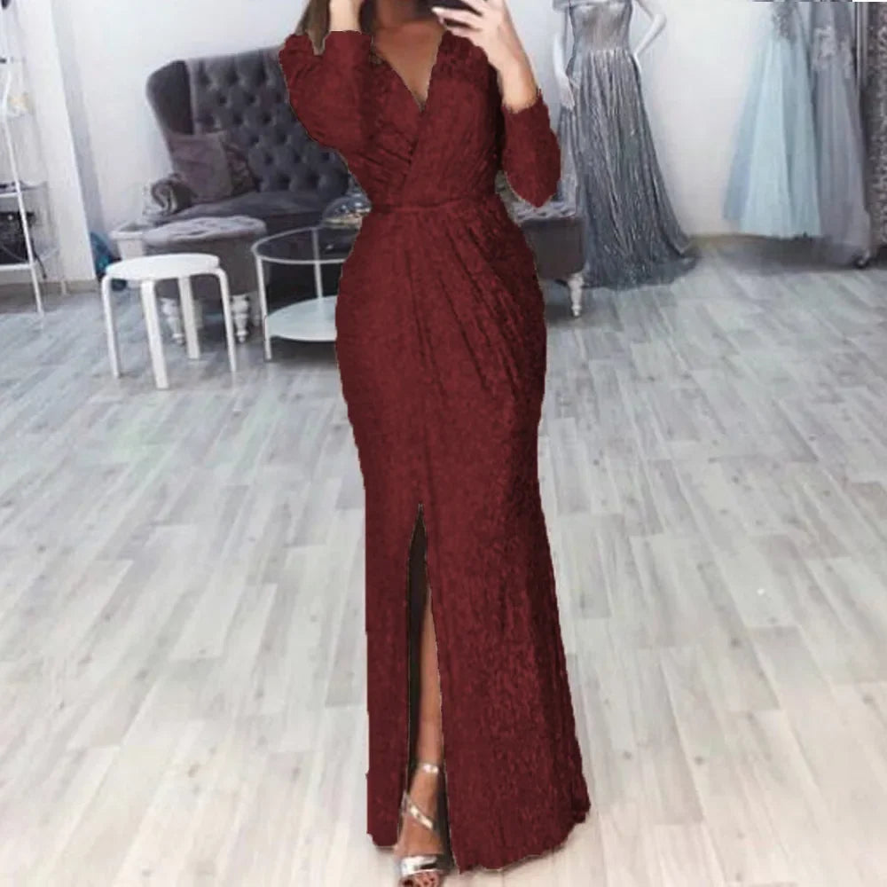 Frauen Pailletten Hohe Schlitz Party Kleid Geraffte Abend Glitter Kleider Tiefem V-ausschnitt Langarm Vestidos Sommer Neue 2023 Sexy