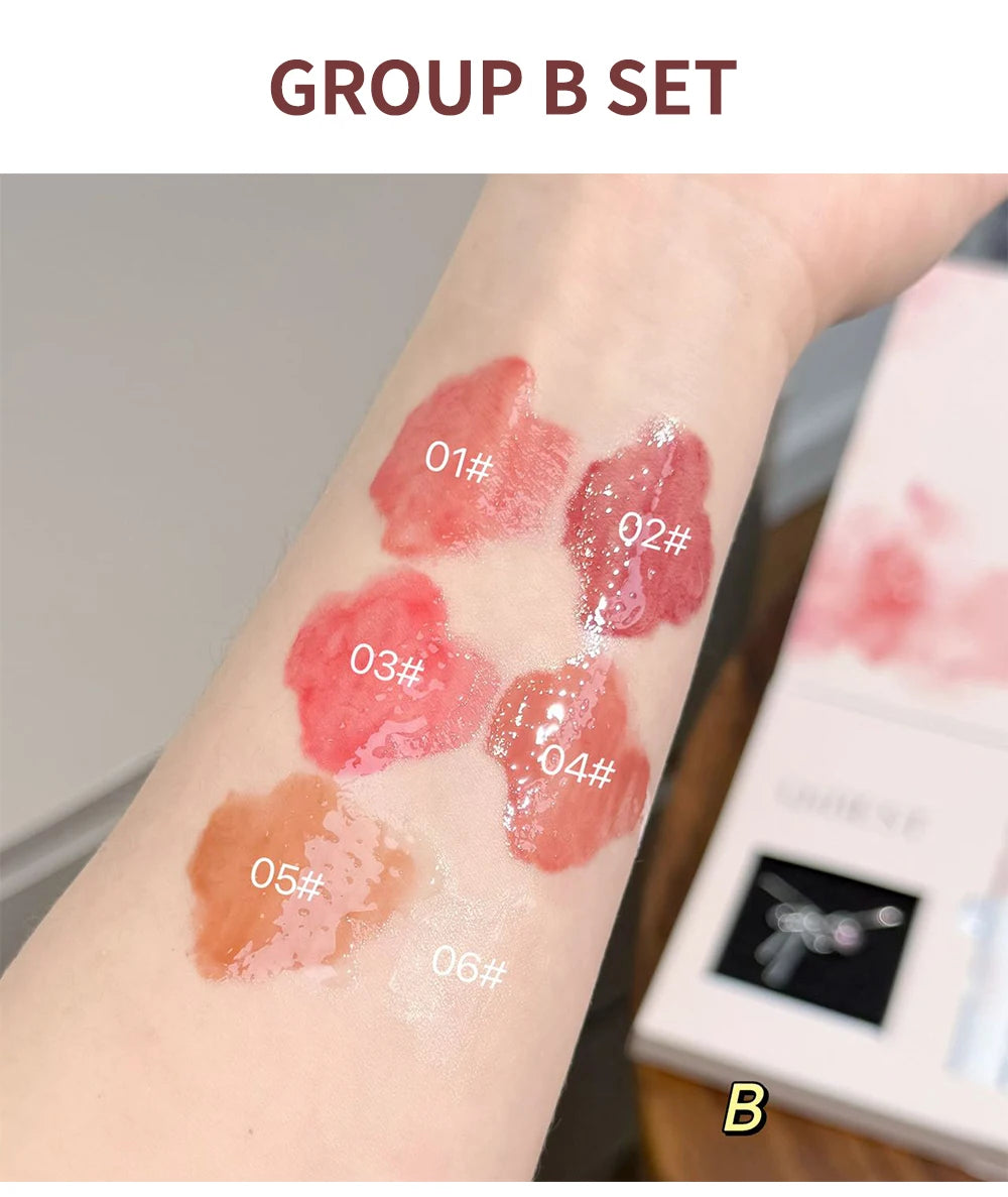 QIBEST 6 Teile/schachtel Matte Lippenstift Sets Und Spiegel Wässrige Lip Glasur Anhaltende Lip Make-Up Sets Feuchtigkeitsspendende Lipgloss Halskette Geschenk