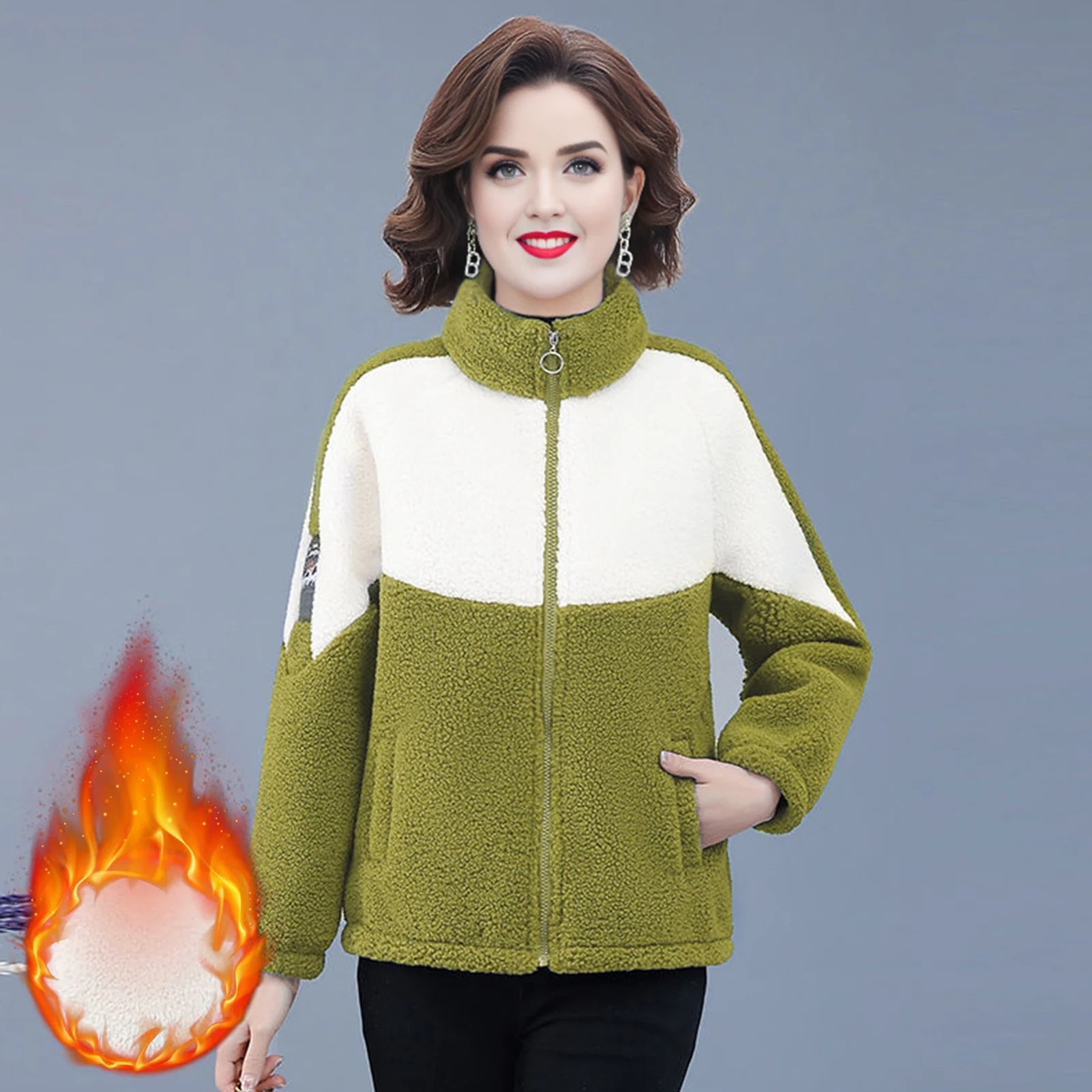 Winter Frauen Mantel Dicken Plüsch Stehkragen Reißverschluss Samt Jacke Colorblock Lange Ärmel Taschen Strickjacke Oberbekleidung