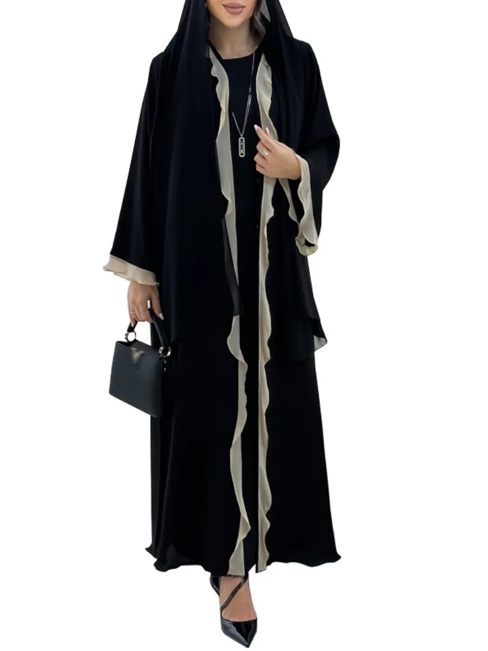 Eid Frauen Abaya Kleid Rüschen Saum Strickjacke Muslimischen Ramadan Offene Party Lange Kleider Kaftan Robe Jalabiya Marokko Dubai Kaftan 2025