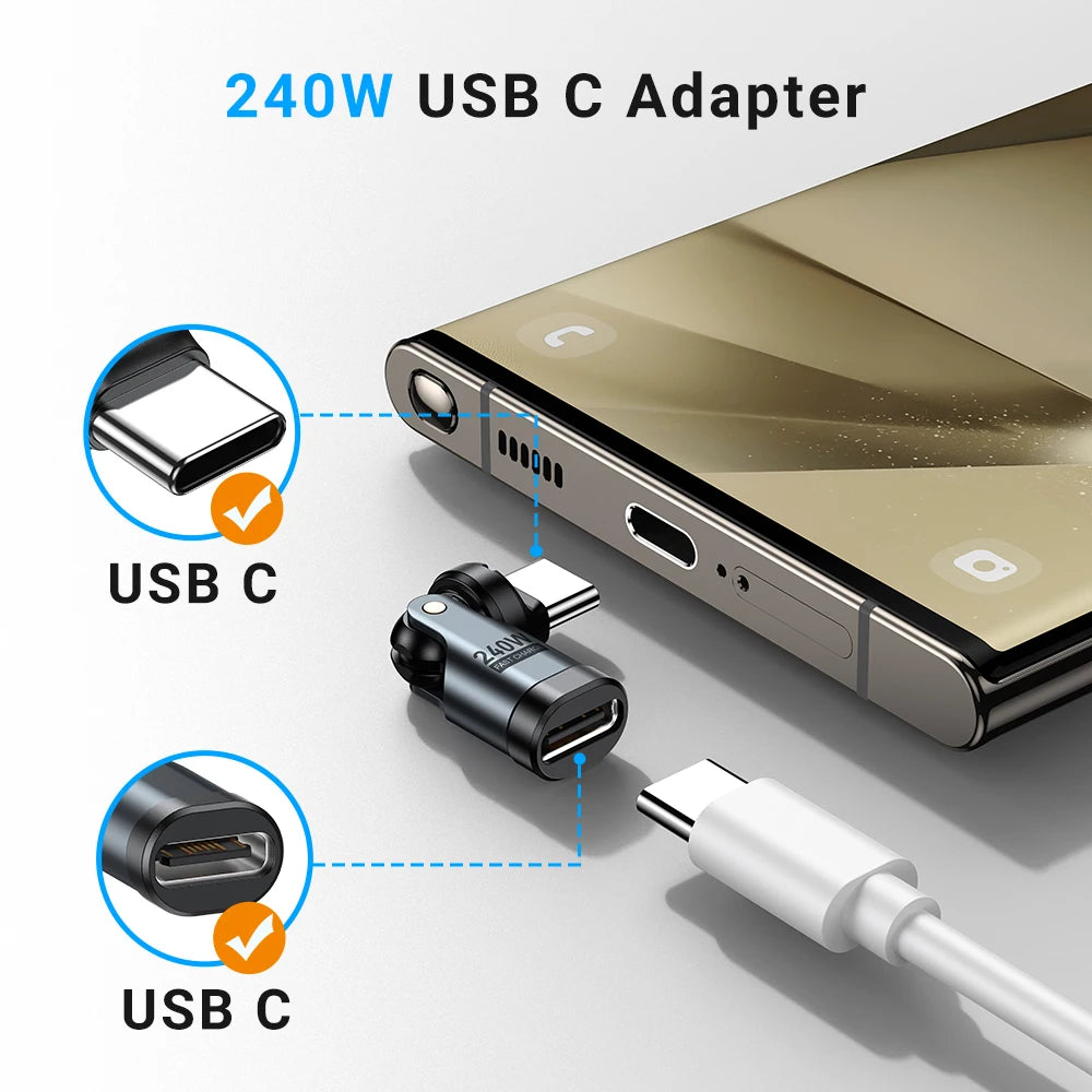 AUFU PD240W USB C auf Typ C OTG-Adapter 540 Rotation 5A Schnellladekabel-Konverter für iPhone 16 MacBook Samsung Xiaomi Laptop