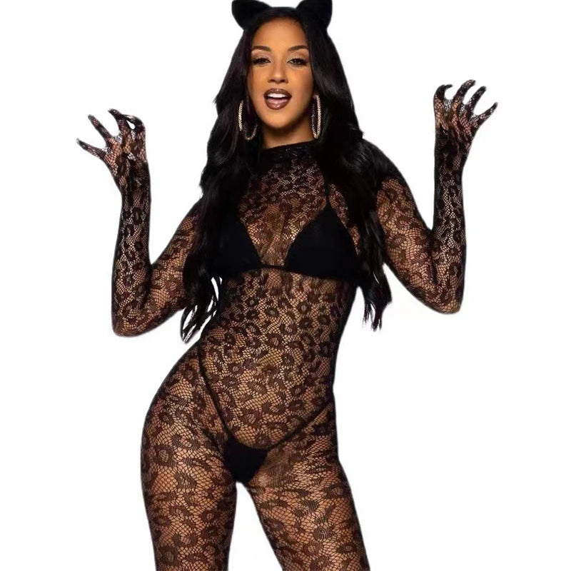 Neue Sexy Ouvert Dessous Frauen Backless Ausschnitt Bh Set Mesh Durchsichtig Bodystocking Volle Hülse Leopard Print Unterwäsche Set