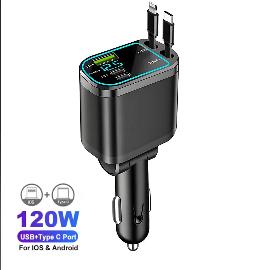 120 W 4/5 IN 1 Versenkbare Auto Ladegerät USB C Kabel Für IPhone Huawei Samsung Schnelle Ladekabel Zigarette leichter Adapter PD QC3.0